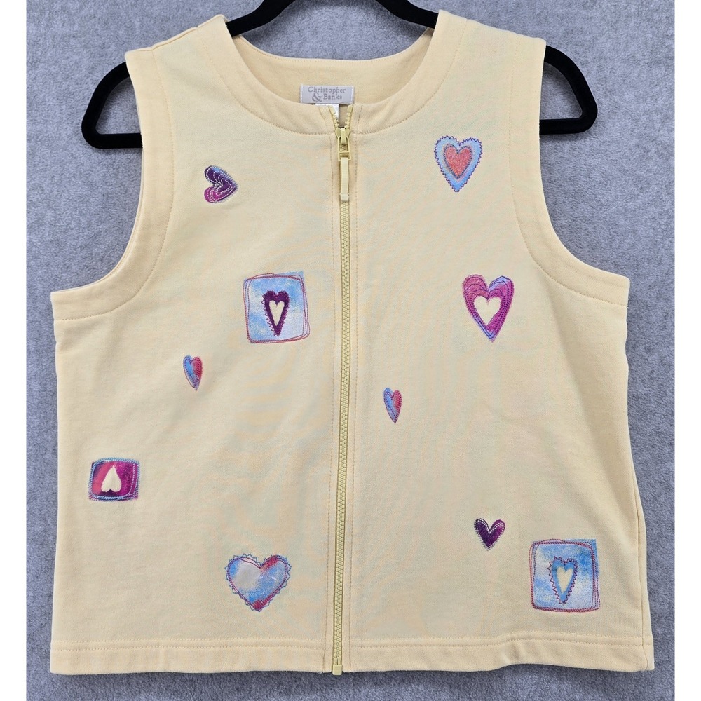 Vtg Y2K Christopher Banks Yellow Zip Knit Vest Women's S Embroidered Hearts Love